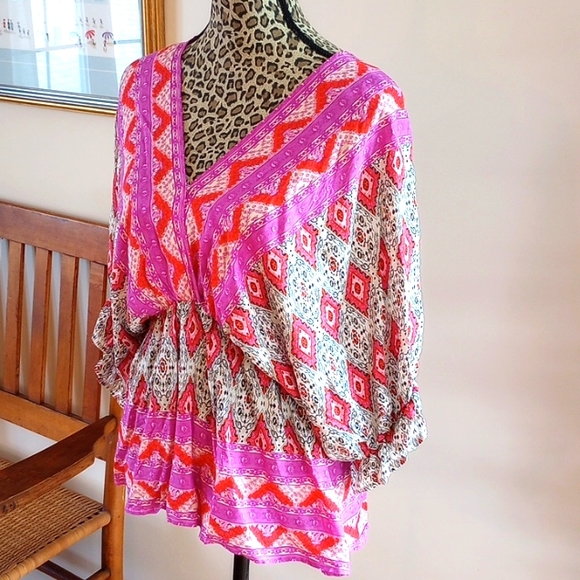 Umgee Double V  Riley Boho Blouse Size:S Color:Purple/Orange NWT - Picture 2 of 12